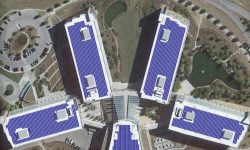 A mockup of solar panels atop the BlueCross Cameron Hill HQ