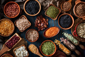 Legumes and beans on a rustic wooden table