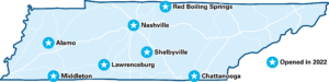 Map of Tennessee showing newly opened BlueCross Healthy Place locations