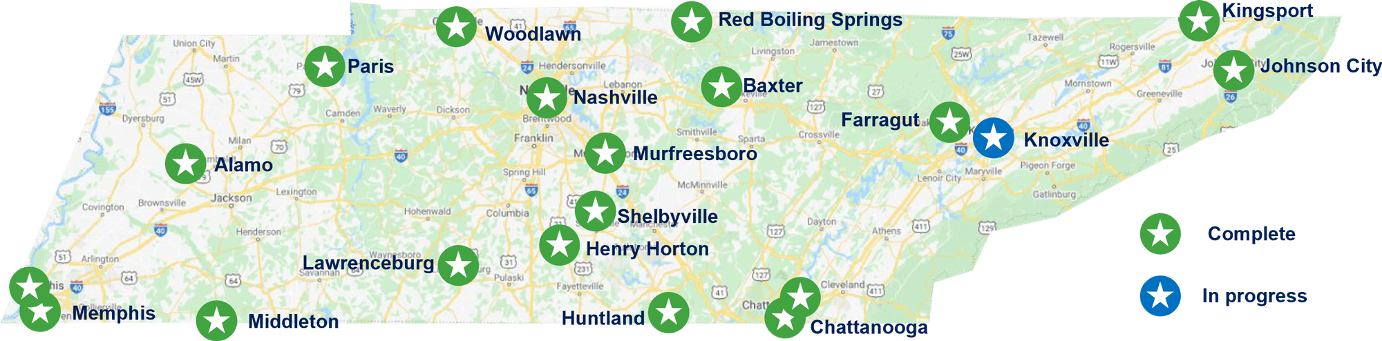 Map of Tennessee showing newly opened BlueCross Healthy Place locations