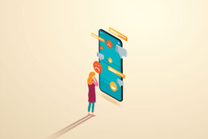 Teenager girl in depression Mental stress from messages on social networks The concept of online bullying in smartphones. isometric vector illustration.