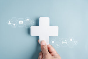 Health insurance plan and care system concept with healthcare plus icons, focusing on medical protection, coverage, wellness support, preventive care, and digital healthcare solutions.