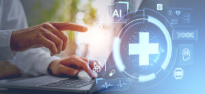 Man finger close up point at laptop, glowing large cross and medical icons hologram, diagnosis and innovation. Concept of AI helping in health care in the future